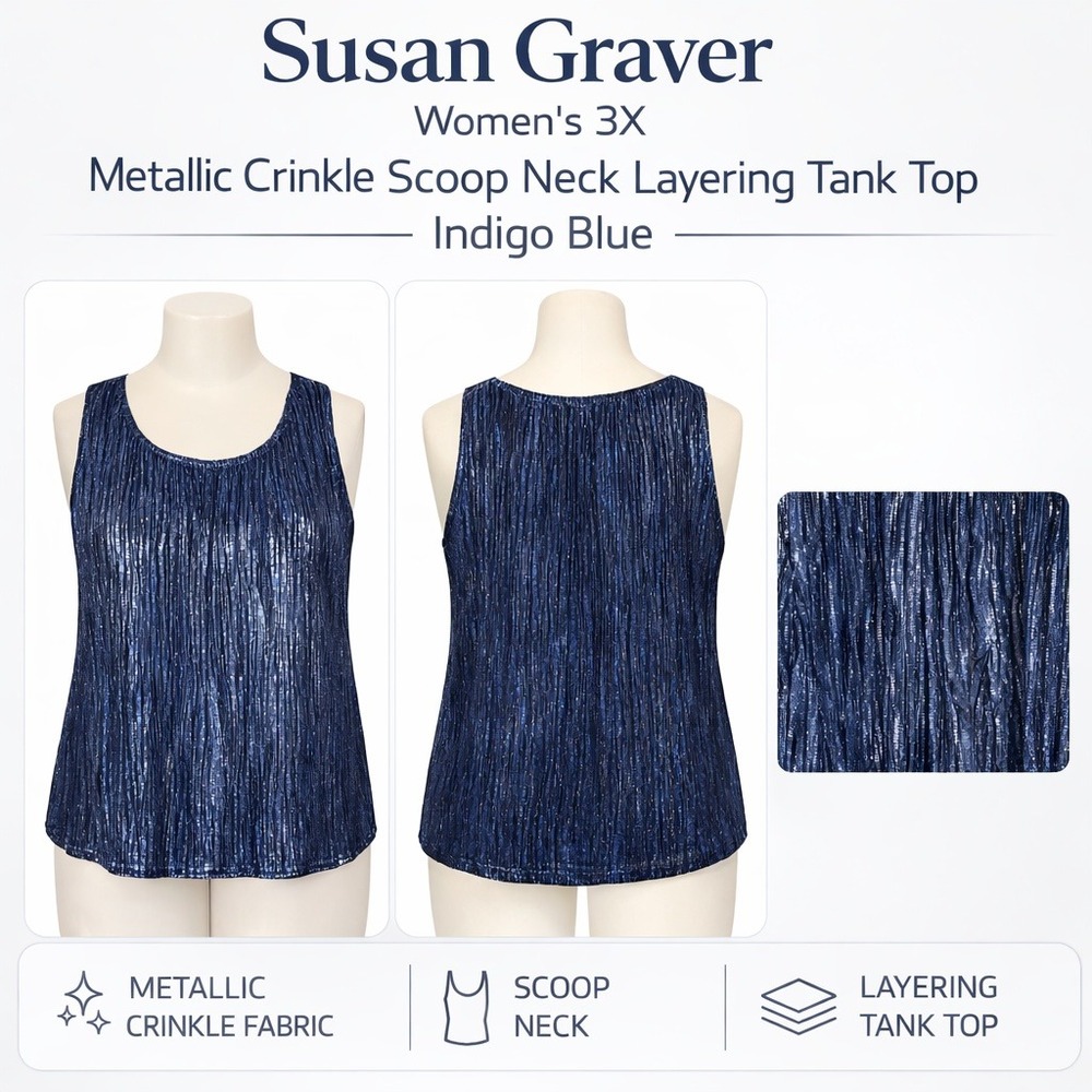 Susan Graver Womens 3X Metallic Crinkle Scoop Neck Layering Tank Top Indigo Blue